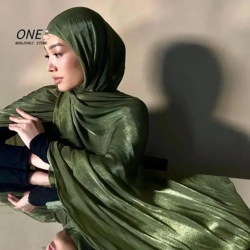 Female Shimmer Shawl Silk Hijab Scarf Breathable Cool Island Satin Medine Silk Veil Musulmans Shiny Silk Shawl Women's Scarves