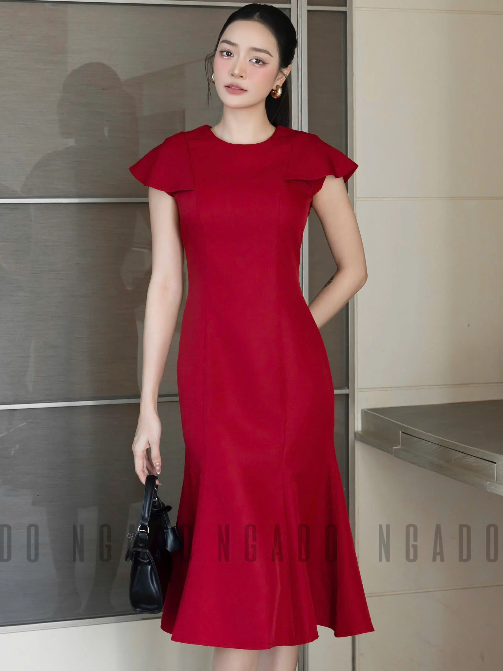 Đầm đỏ đuôi cá ngắn tay NGADO , đầm nữ , Đầm dự tiệc sang chảnh