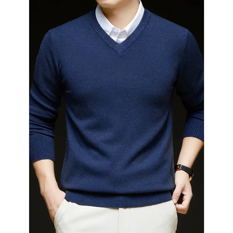 [Long Sleeve V-Neck Pullover Sweater] Men'S V-Neck Pullover Sweater, Rayon Blend Knitwear, Solid Color, Long Sleeve, Regular Fit, Stretch Fabric, for Daily & Casual Wear 4