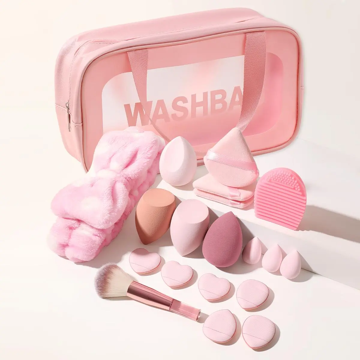 Travel Makeup Tool Set, Including 4 Blender & 3 Mini Blender & 3 Triangle Powder Puff & 6 Finger Powder Puff & 1 Headband & 1 Washing Egg & 1 Brush & 1 Bag