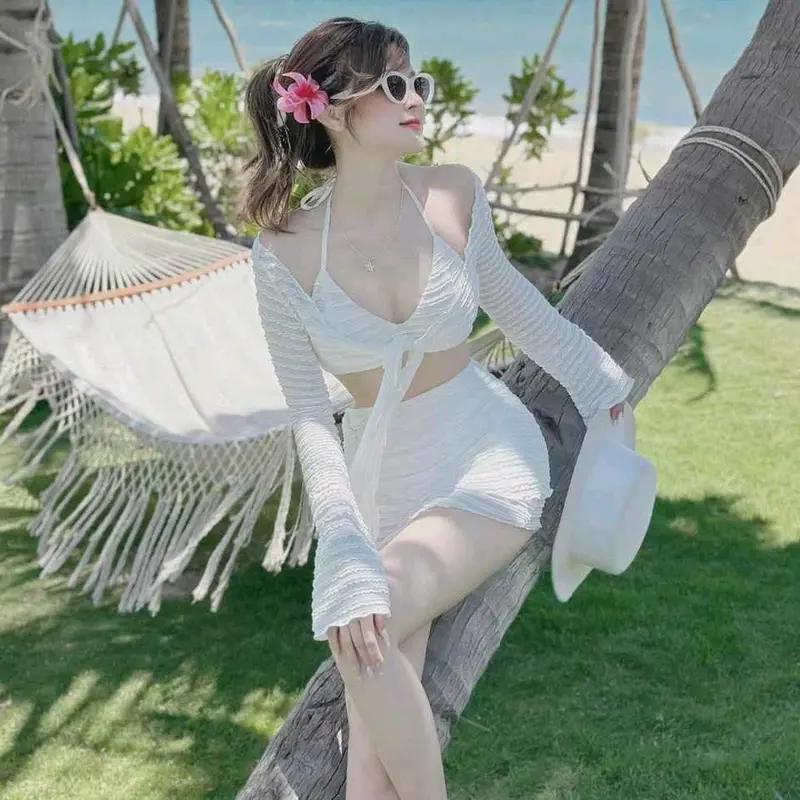 Sét đồ bikini mặc đi biển du lịch sét 3 món Ren lỗ áo Bra có mút dày kèm áo khoác tay dài mix chân váy mini khoe dáng siêu xinh sexy Nữ Women Kem 2 màu cuốn hút 6