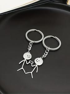 かわいいキャラクターのスティックマンデザイン ハートキーチェーン、ファッション性のあるステンレススチール製キーチェーン、男女兼用、トレンディなオールマッチキーチェーン、誕生日プレゼントに最適
