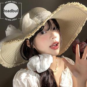 ROADBULLフランス風の大きいきいきなつばのMaiわら帽子,女性用レースリボン払ういき,夏の日差ししし対策用帽子,ビーチリゾート向け2026新しい 帽子 ウィッグに uv カット