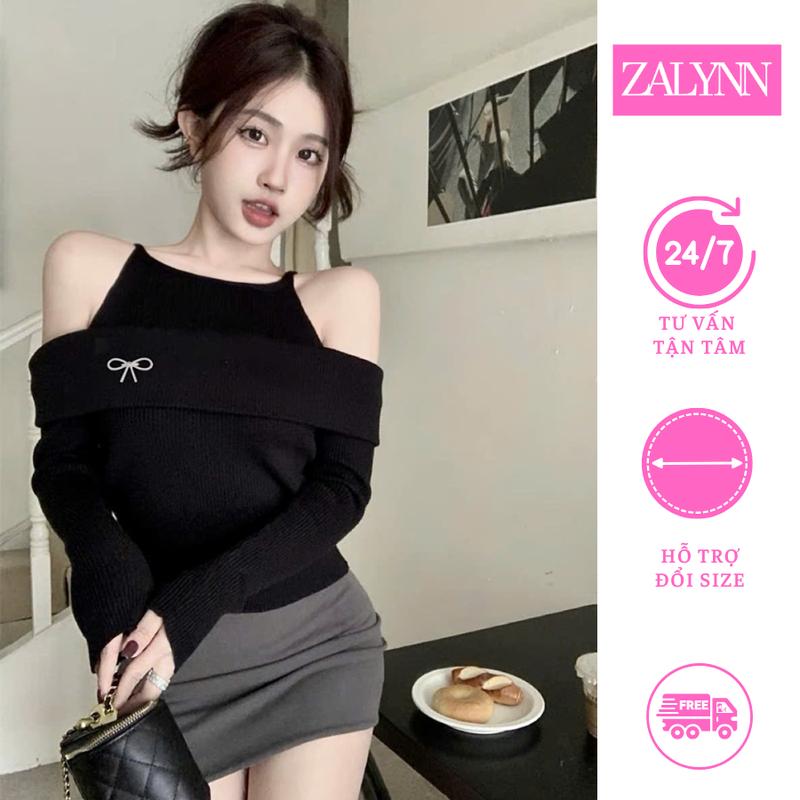 [Tặng nơ đá] Áo thun nữ cổ yếm hở vai dài tay thiết kế sang trọng tiểu thư chất liệu mềm mại tặng kèm nơ đá mùa hè mới 2025 SM31 Zalynn.  Women Top