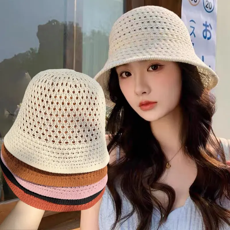 Breathable Hollow Out Knitted Bucket Hat Korean Style Collapsible Dome Sunshade Hat Solid Color Beige Beach Caps