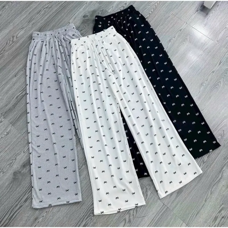 Quần Ống Suông Nữ- Quần Ống Rộng Hoạ Tiết Nơ Siêu Hot Chất Thun Co Giãn