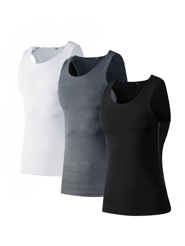 Men's 3pcs Solid Sports Vest, Casual Breathable Comfortable Sports Tank Top For Gym Workout Running, Sport & Outdoor Clothing For All Seasons, Tank Top 4