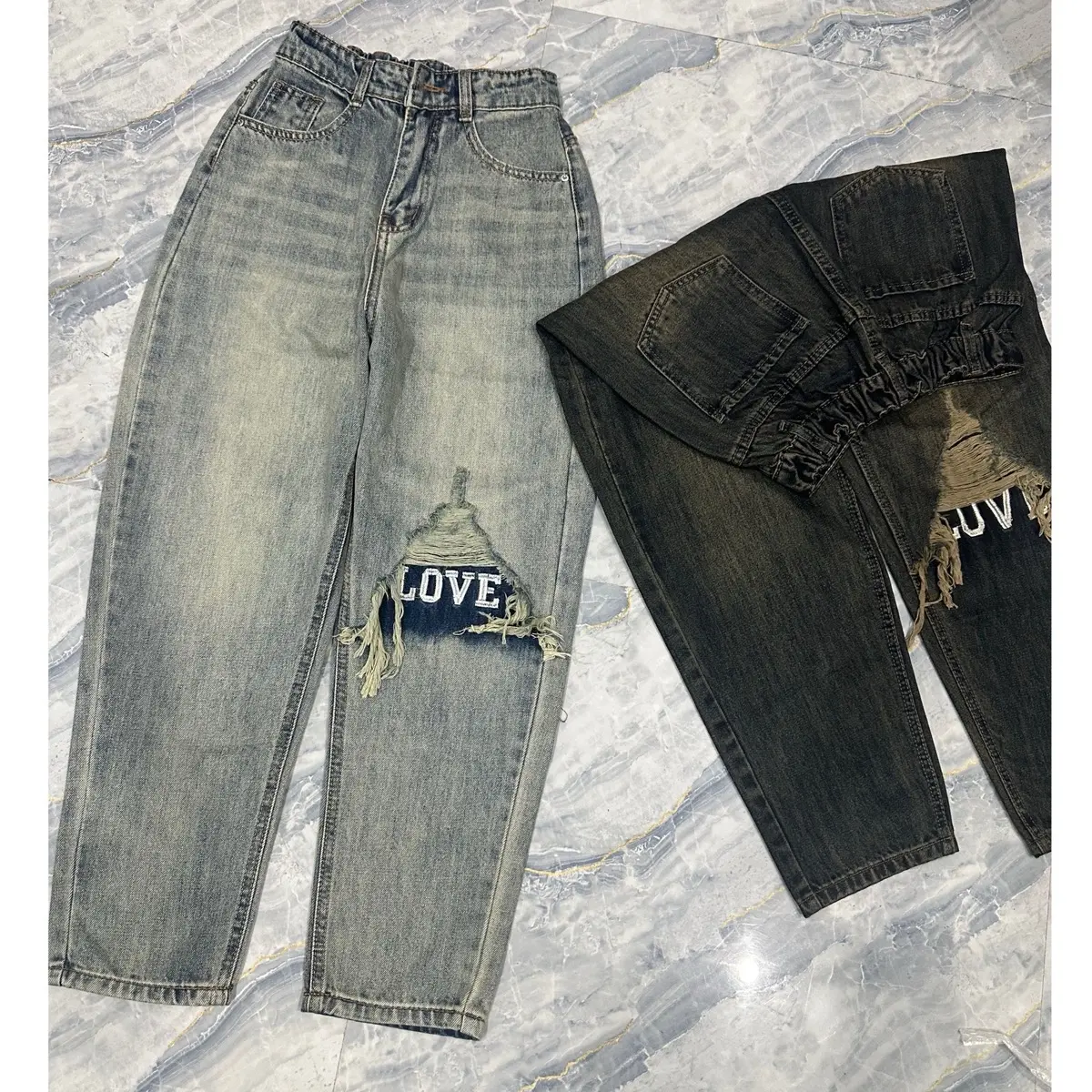 [2106] [Có bigsize] Quần Baggy Jeans Lưng Chun Thêu Chữ Rách Gối  Denim Pants
