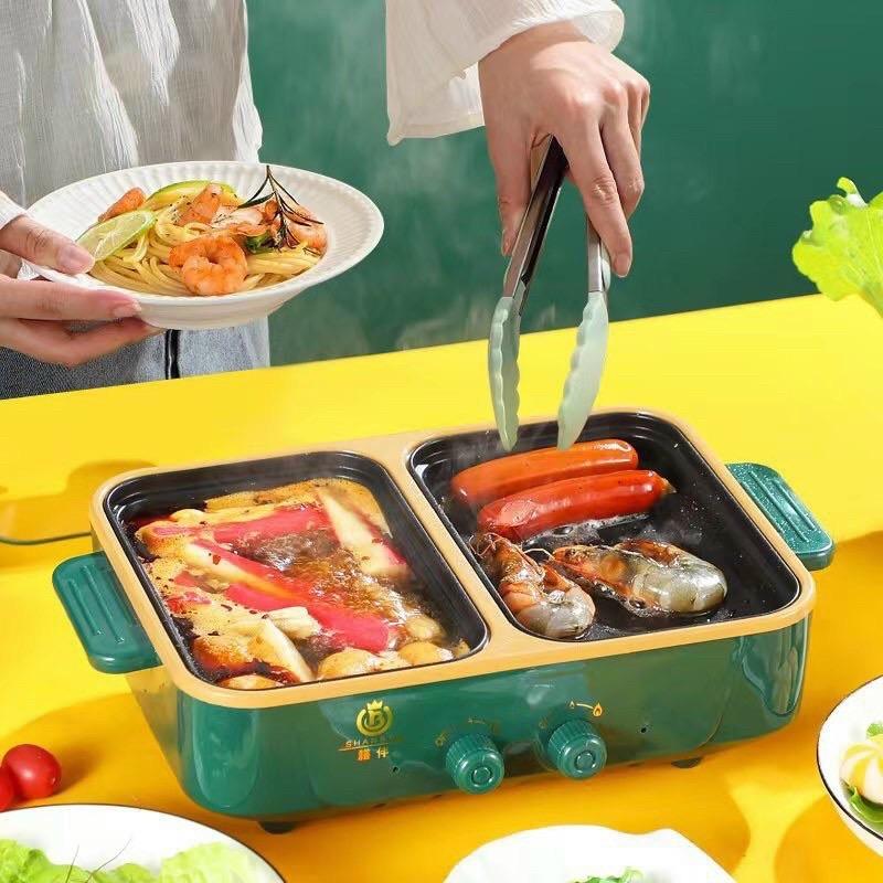 Bếp lẩu nướng 2 ngăn Mini, Nồi lẩu 2 in 1 siêu chống dính đa năng - Bếp điện đa năng Nồi Điện Nồi Lẩu Điện