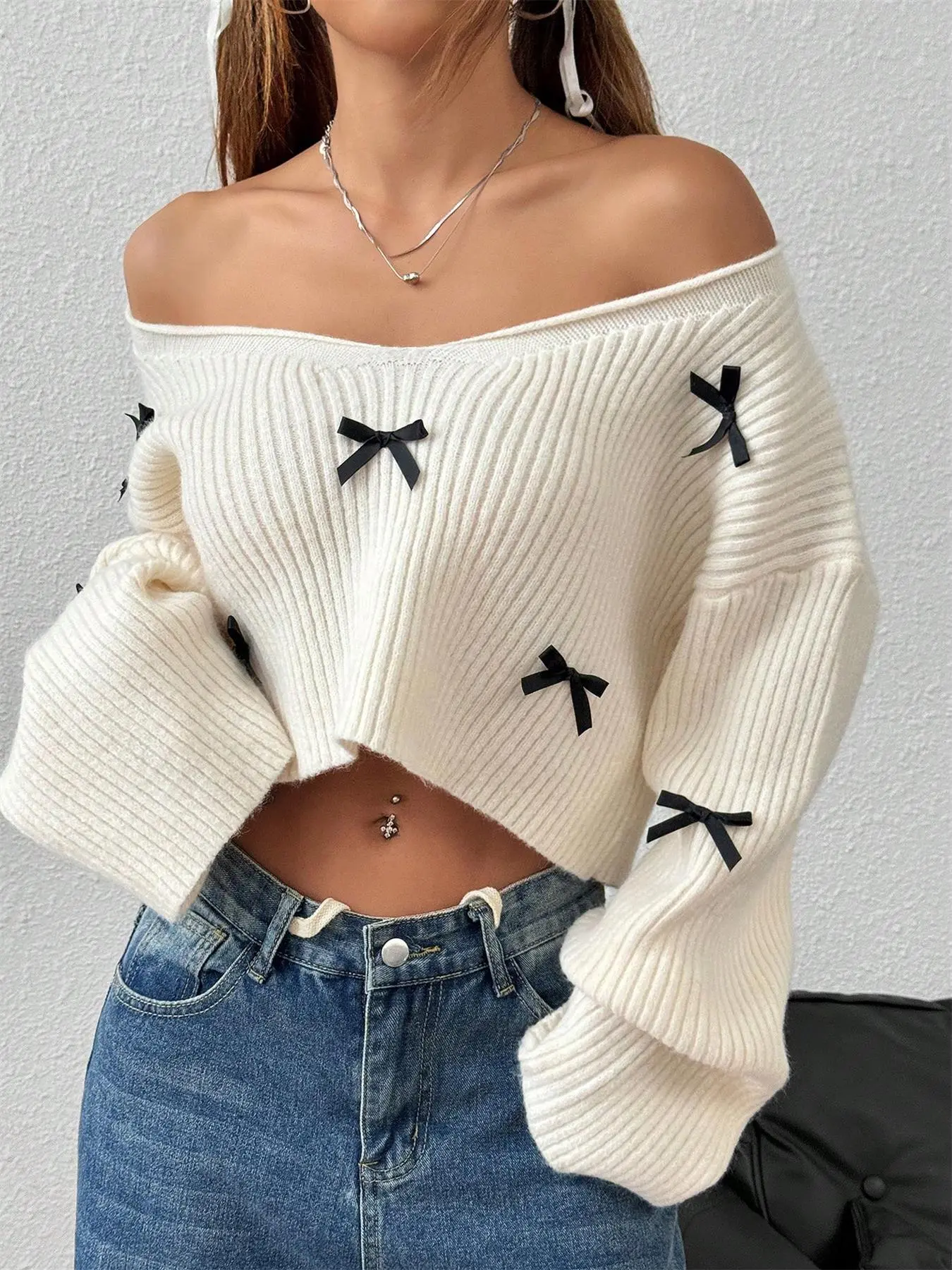Women's Plain Drop Shoulder Sweater, Casual Long Sleeve V Neck Jumper for Spring & Fall, Fashion Women's Knitwear for Daily Wear Valentine's Day, gift