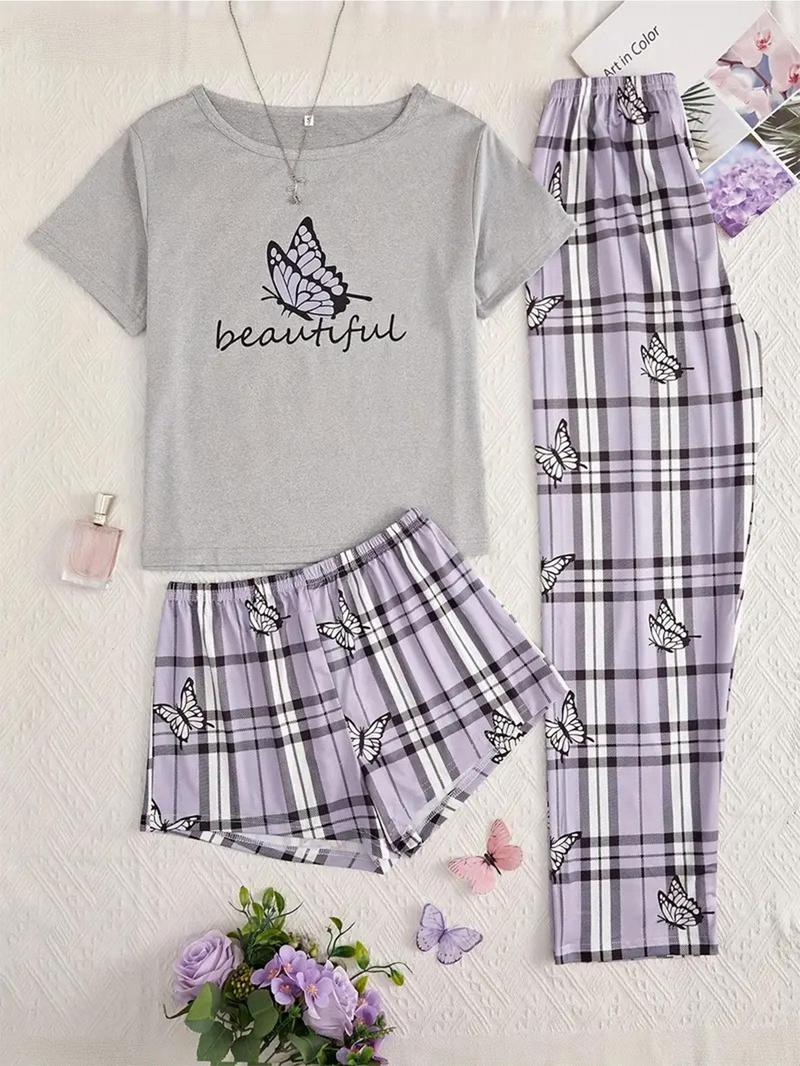 Product Introduction of Three-Piece Set Women's Plaid Print Pyjama Set, Casual Comfy Short Sleeve T-shirt & Elastic Waist Shorts & Bow Front Pants PJ Set, Ladies Sleepwear for All Seasons 5
