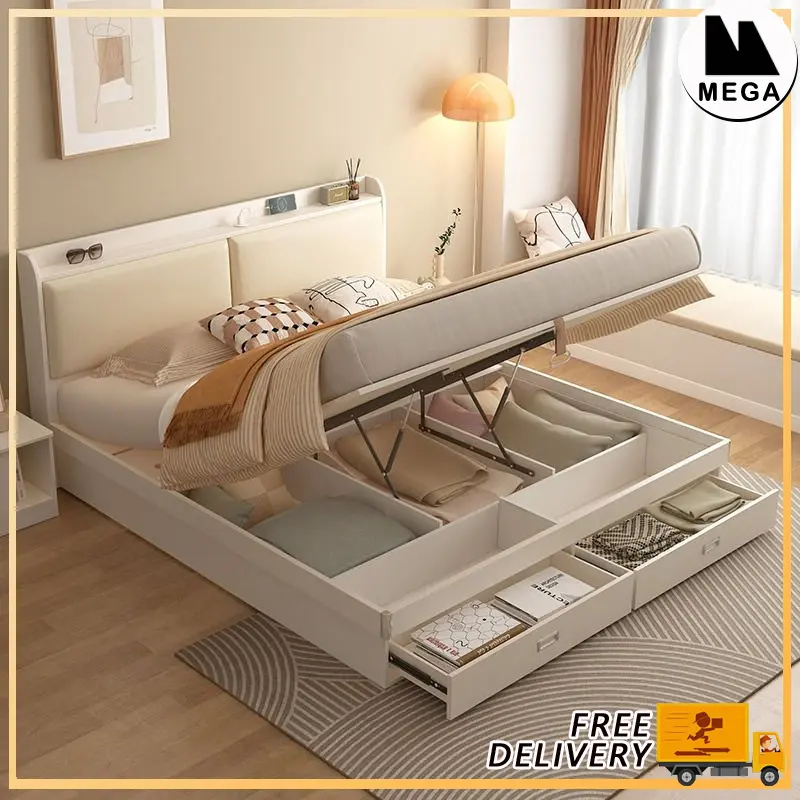 Smart Storage Bed Frame With Charging Port Solid Wood Bed Frame Bed Frame With Mattress Super Single/Queen/King Size Bed Frame