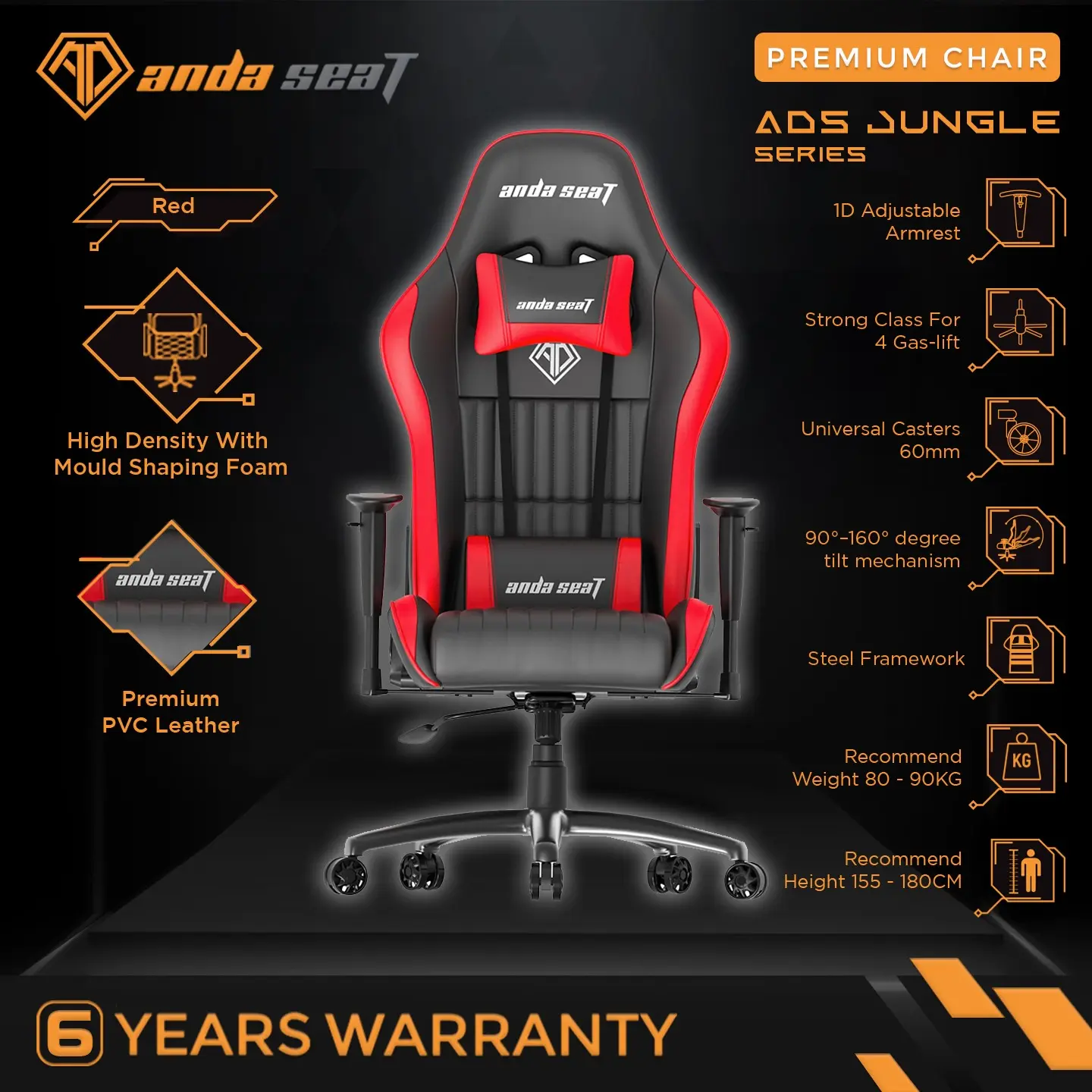 AndaSeat Jungle Series Premium Kursi Gaming Chair Black Red
