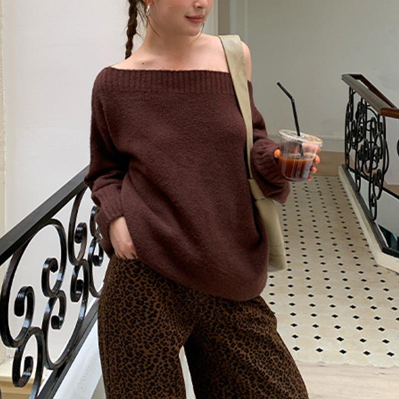 Pakaian Rajut Wanita Lembut dengan Lengan Lentera dan Bahu Terbuka, Sweater dengan Potongan Pinggang yang Rapi Pakaian Rajut Wanita Lembut dengan Lengan Lentera dan Bahu Terbuka, Sweater dengan Potongan Pinggang yang Rapi