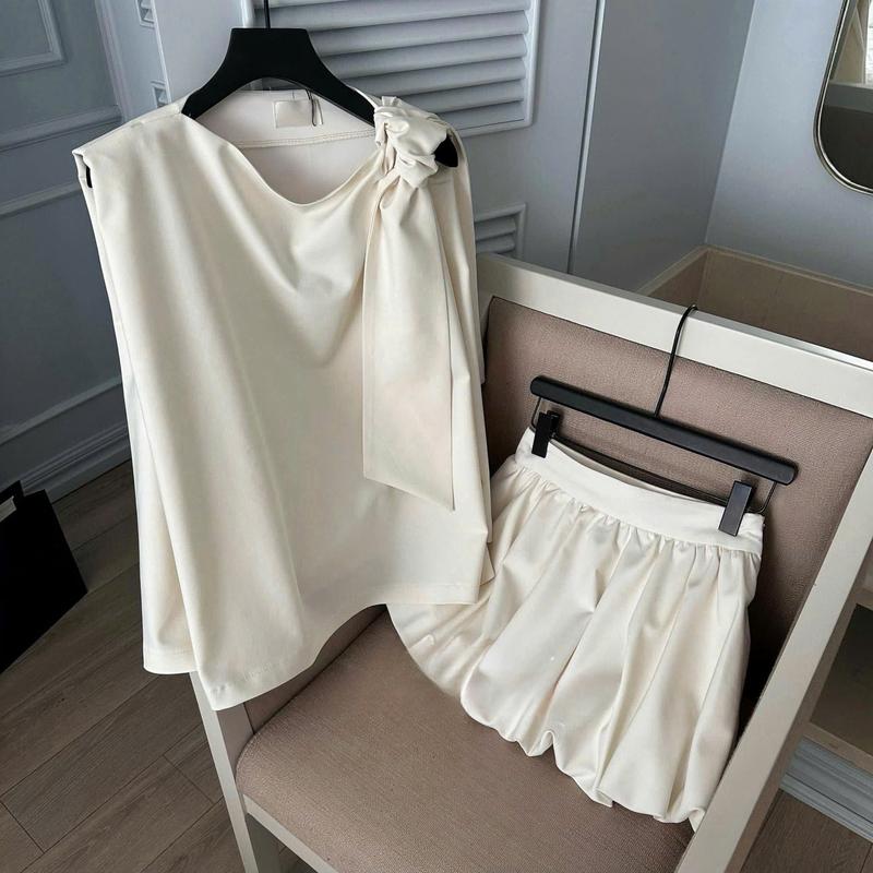 Set Áo Buộc Nơ Kèm Váy Bồng Cao Cấp - LIING Nữ Women Kem 4