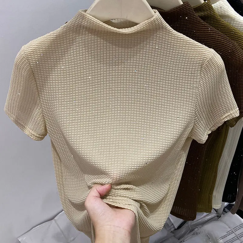 Áo Thun Trơn Dành Cho Nữ, Cổ Lọ, Phong Cách Hàn Quốc, Ôm Sát, Co Giãn, Thoáng Khí