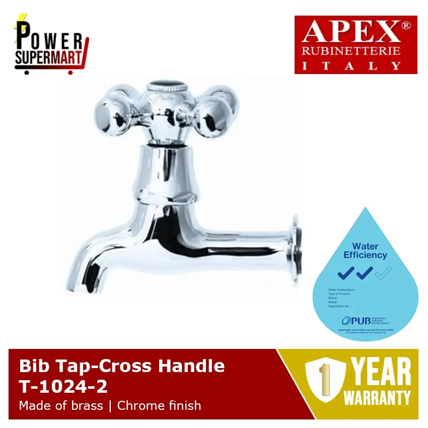 APEX T-1024-2 | Bib Tap-Cross Handle | L100 x W70 x H95mm | WELS: 2 Ticks | 1 Year Warranty | Local SG Stock