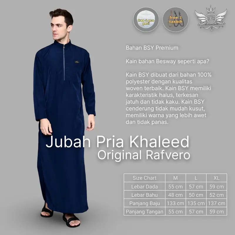 RAFVERO Jubah Pria KHALEED Original Navy - Gamis Pria Muslim Dewasa Katun Bestway Premium Model Baru Jubah Lebaran 2025 Size M L XL - Kombinasi 8
