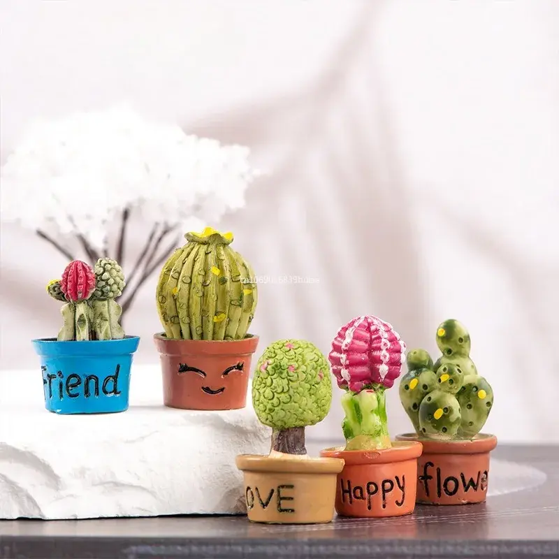 3.4X1.8CM Cartoon Miniature Cactus Potted Handmade Realistic Mini Potted Plant Resin DIY Cactus Figurines Desktop Decorative Fairy Garden