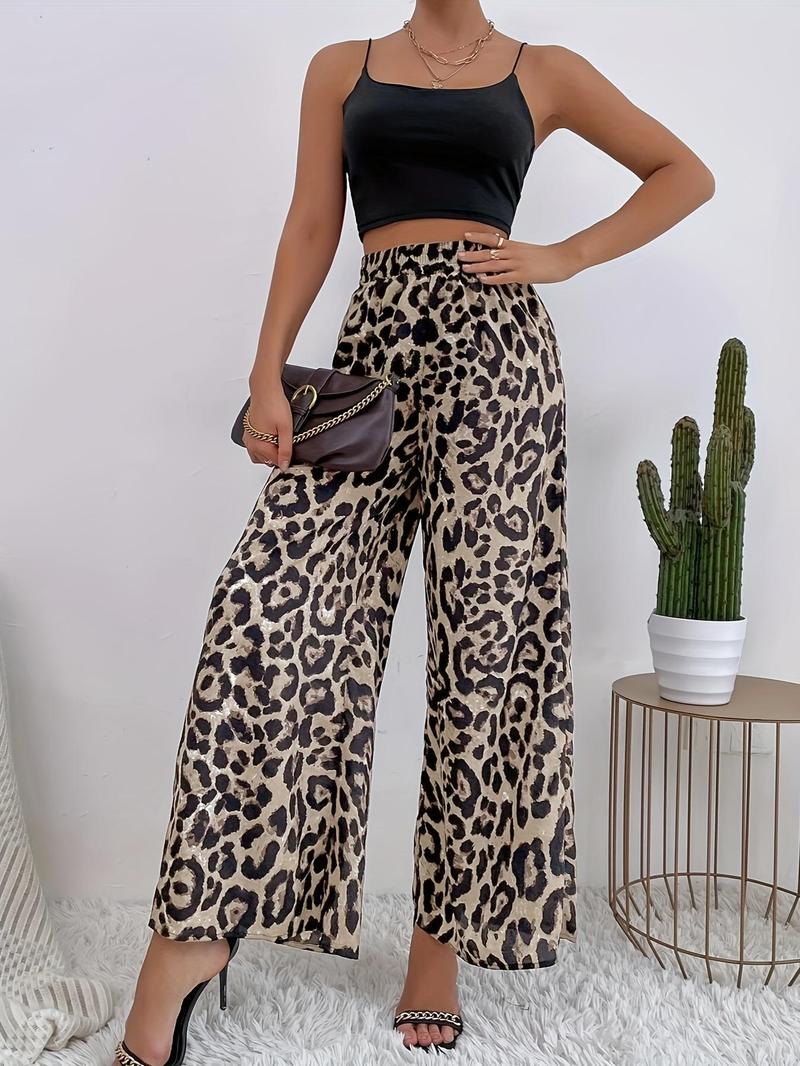 Product Introduction of Women's Leopard Print Elastic Waist Wide Leg Pants, Casual Streetwear  High Waist Trousers, Ladies Bottoms for Daily Wear 14