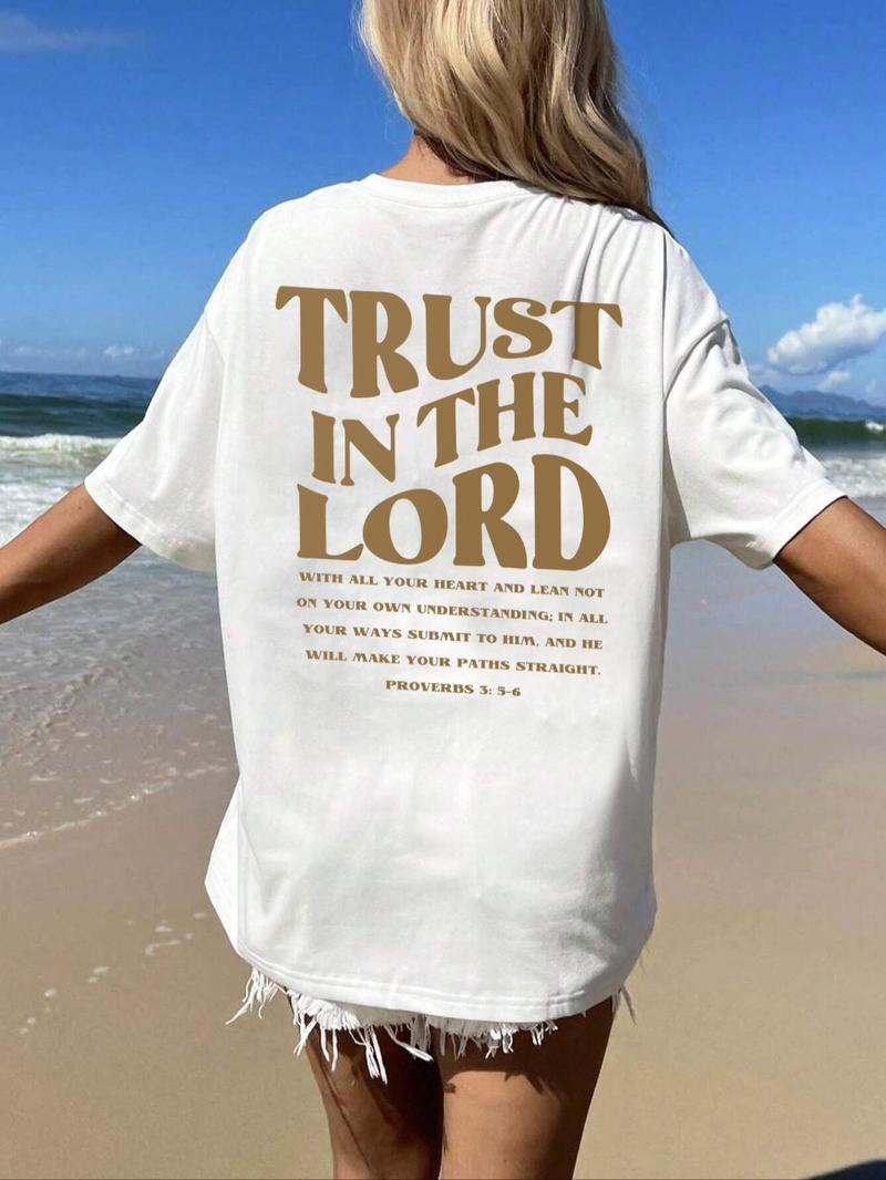 Product Introduction of Women's Plain / Letter Print Drop Shoulder Tee, Casual Comfy Graphic Print Half Sleeve Round Neck T-Shirt for Summer, Fashion Simple Women's Top for Daily Wear, Clothing 3