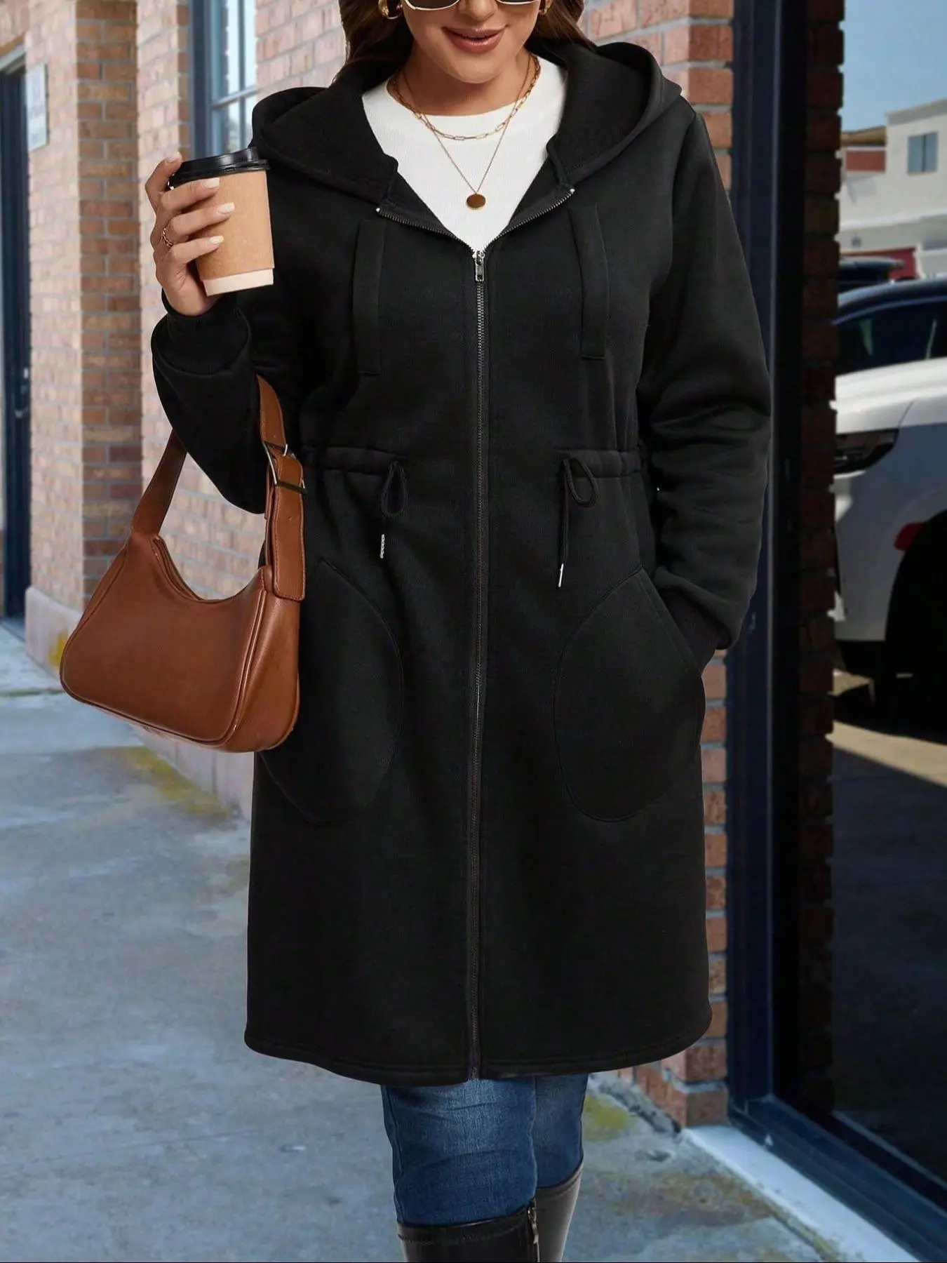 【Plus Size】 Solid Color Long Sleeve Hooded Jacket, Casual Zipper Front Outerwear for Fall & Winter, Women's Clothes for Daily Wear