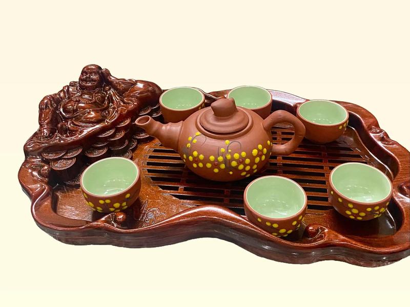  Khay trà và bộ ấm chén tử sa họa tiết Hoa Mai Vàng gốm sứ Bát Tràng bộ thưởng trà 