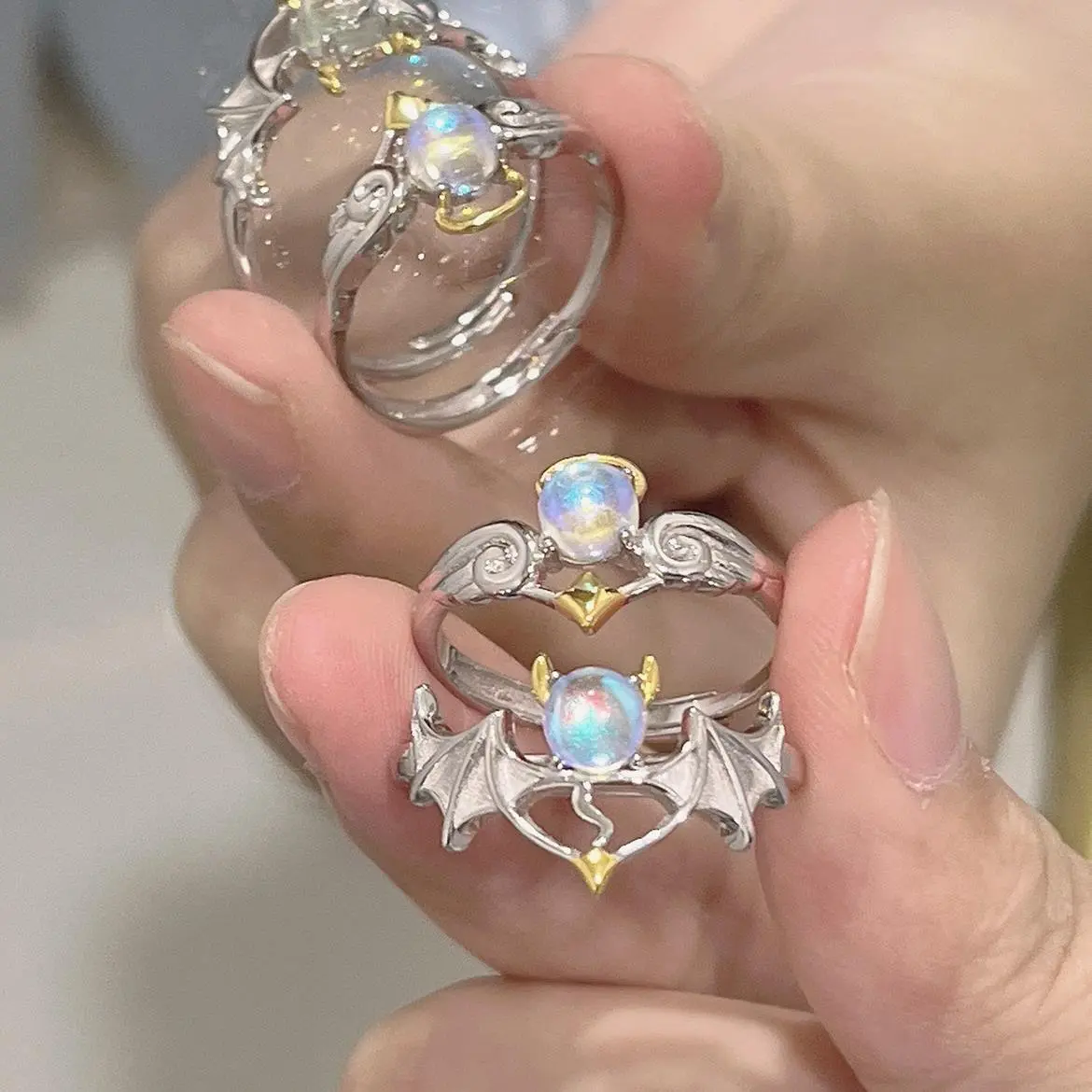 Nhẫn Có Thể Điều Chỉnh Cặp Đôi Moonstone Thiên Thần Quỷ, Thiết Kế Độc Đáo Thời Trang, Cá Tính, Mở, Một Cặp