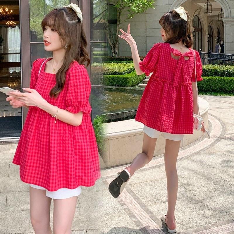 Áo kẻ Caro Babydoll xinh xắn Freesize mặc thoải mái