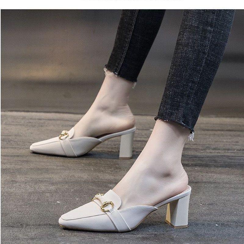 Product Introduction of Open-Toe Half Slippers for Women New French Style Square Toe Sandals Off-White Chunky Heel High Heel Sandals 1