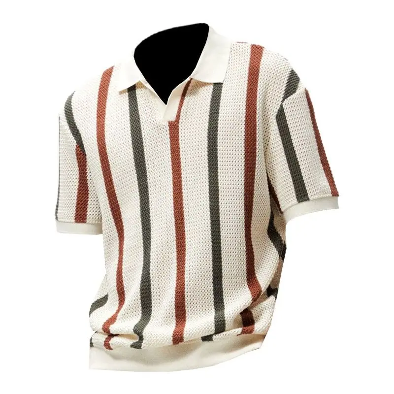 Áo Polo Dệt Kim, Cao Cấp, Thoáng Khí, Thiết Kế Khoét Lỗ Sọc Dọc, Khối Màu, Phong Cách Hàn Quốc, Thích Hợp Cho Mùa Hè, Hàng Mới Về, Cổ Polo, ngắn Tay, Dành Cho Nam Giới Menswear Shirt