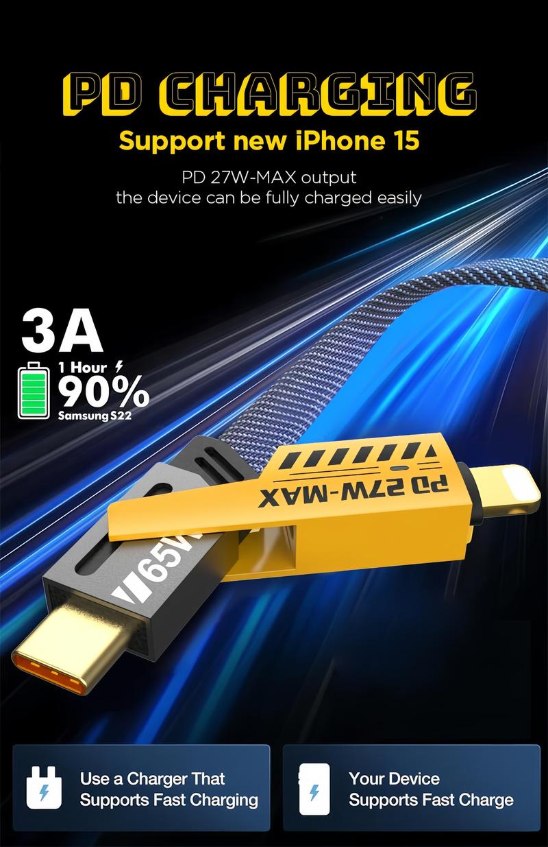 Product Introduction of Cáp sạc nhanh 4 trong 1 đa năng nạp sạc nhanh chui sạc ra Type C 65W max và LN 27W max dây bện 9