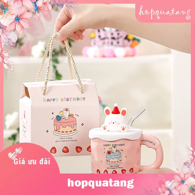 Cốc Sứ Cốc Uống Nước Nắp Hình Thỏ Gấu Sáng Tạo Kèm Hộp Quà Làm Quà Tặng Sinh Nhật 0
