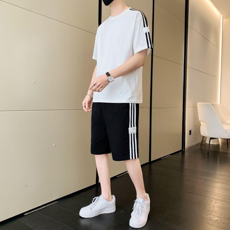 Product Introduction of Summer Men's Fashion Set Trendy Full Set Casual Loose Stylish Shorts Set One Complete Set with Three Stripes Sports 1