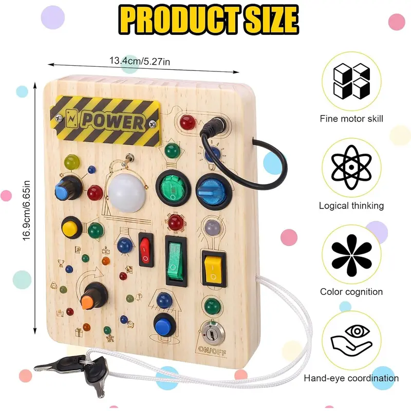 GSrenyu Busy Board for Toddlers, Sensory Board Toys Fidget Board with 23 LED Lights, Early Educational Learning Travel Toy Activity Board Wooden Toys for Boys Girls 2 3 4 Year Olds 1