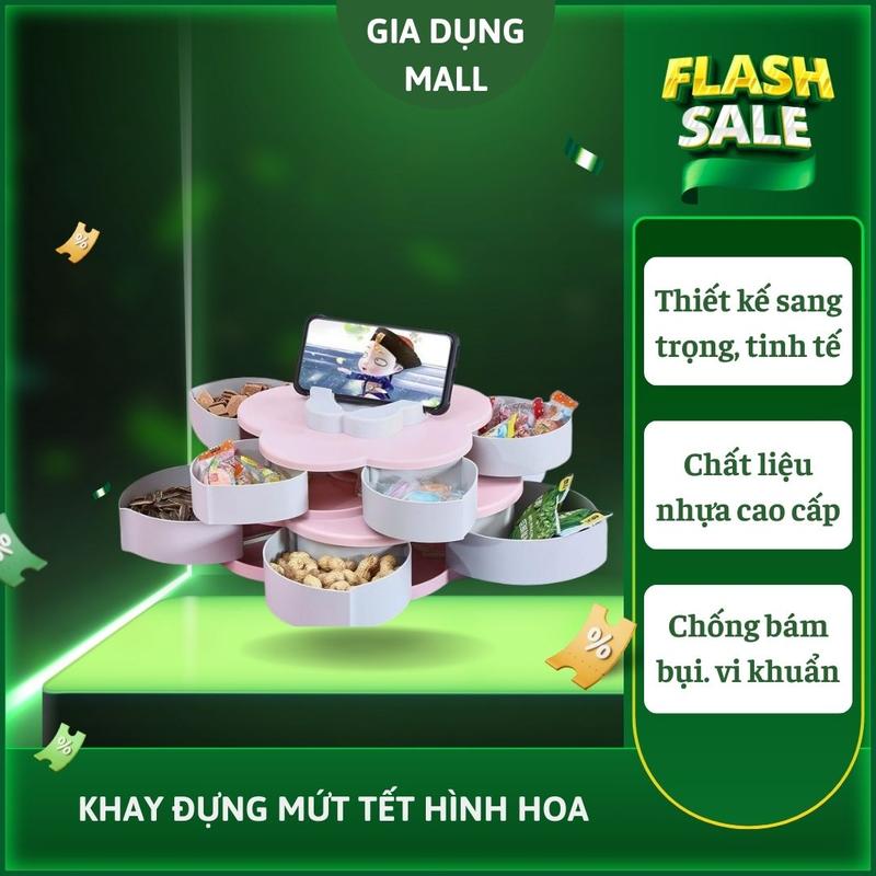 Khay đựng mứt tết, bánh kẹo hoa quả tết hình hoa có giá đỡ điện thoại thông minh