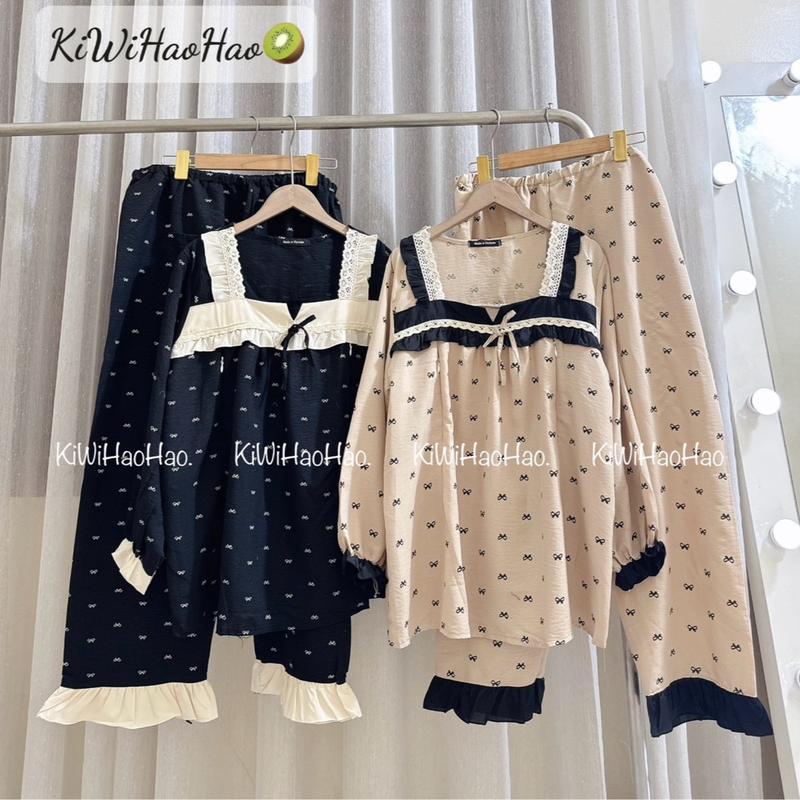 Bộ bầu - bộ sau sinh - BỘ ĐŨI NHĂN DÀI HÌNH NƠ CỔ VUÔNG REN - 2 Màu,áo có khóa kéo hai bên,quần có chun chỉnh Tiện Lợi 8