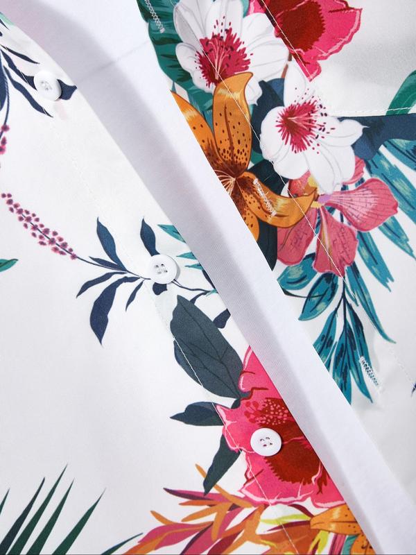 Men's Regular Fit Floral Leaf Print Pocket Button Front Shirt, Tropical Print Short Sleeve Collar Shirt, Boho Casual Men's Top for Summer Beach Vacation 5