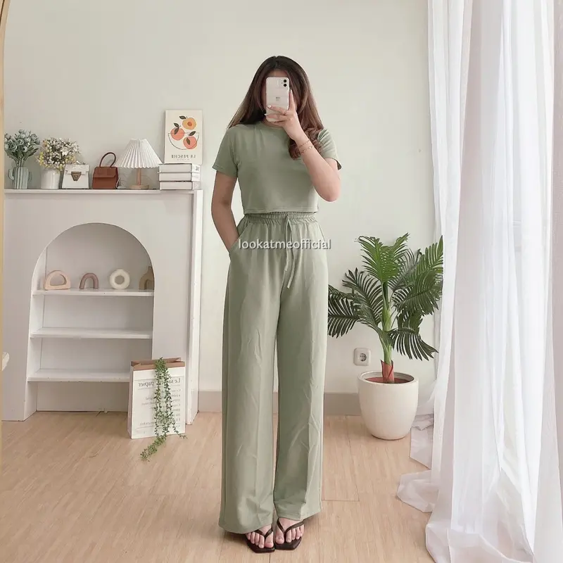 Lookatmeofficial • Ivy Set - Crop + Pants Setelan Wanita Premium atasan jogger Karet Celana Panjang Kulot Serut Top Baju Bawahan 5
