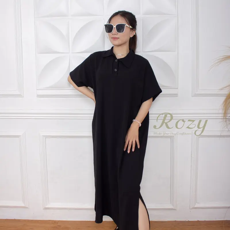 Rozy - Long Dress Button Cringkel Baju Midi Casual Panjang Wanita Gaun Hitam Simple Baju Pesta Pendek 5