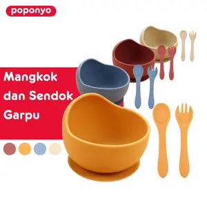 Poponyo Mangkok Makan Anak Bayi Anti Slip Silikon Baby Bowl Silicone Lunch Sendok Garpu Silikon Blue Piring Yellow Perlengkapan