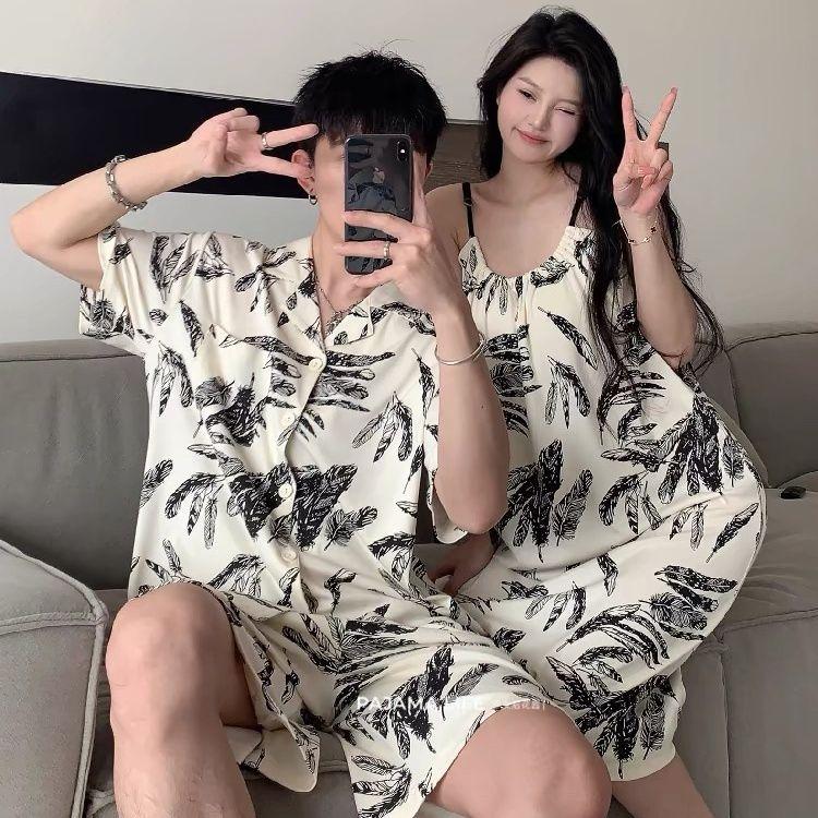 Đồ Ngủ Cặp Đôi, Đệm Ngực Thoáng Khí, Váy Ngủ Có Dây Đeo Mùa Hè, Dành Cho Phụ Nữ Và Nam Giới, Mỏng Và Ngầu, ngắn Tay, Đồ Mặc Nhà, Bộ Nam 5
