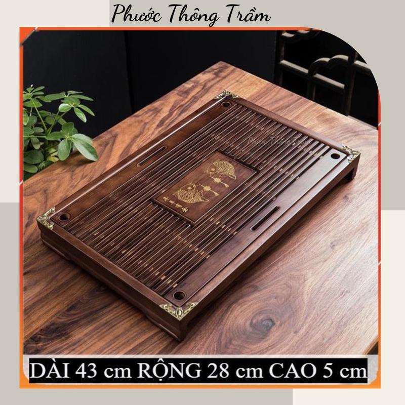 Khay trà cao cấp , Khya trà tre , Khay trà đạo Khay Gỗ Ấm Chén Bọc Viền Đồng Nâu, Kích Thước 43x28x5.5cm
