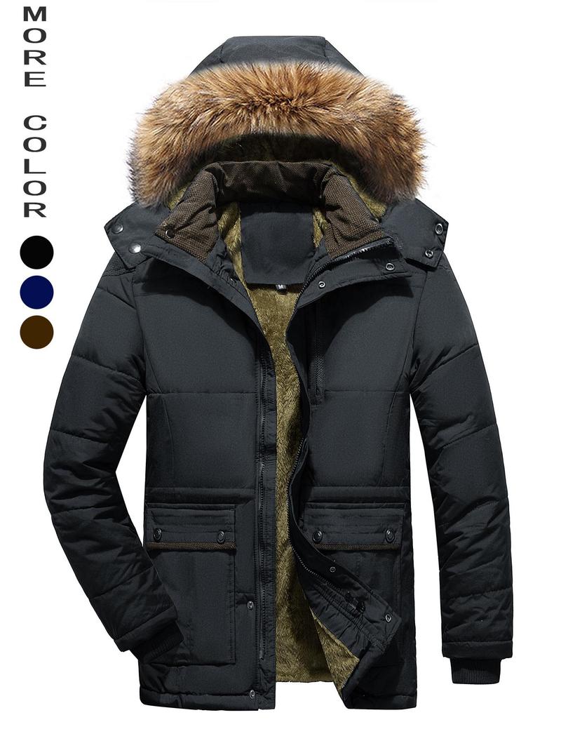 Product Introduction of Men's Contrast Faux Fur Trim Pocket Hooded Thermal Jacket, Regular Fit Casual Long Sleeve Button Front Warm Outerwear for Winter, Men's Clothes for Daily Wear 9