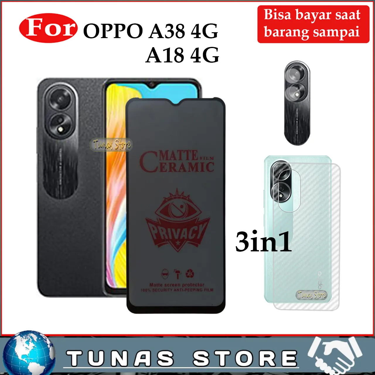 Antigores Anti Spy Oppo A38 A18 4G Promo Paket 3in1 Antigores layar + Antigores camera + Skincarbon