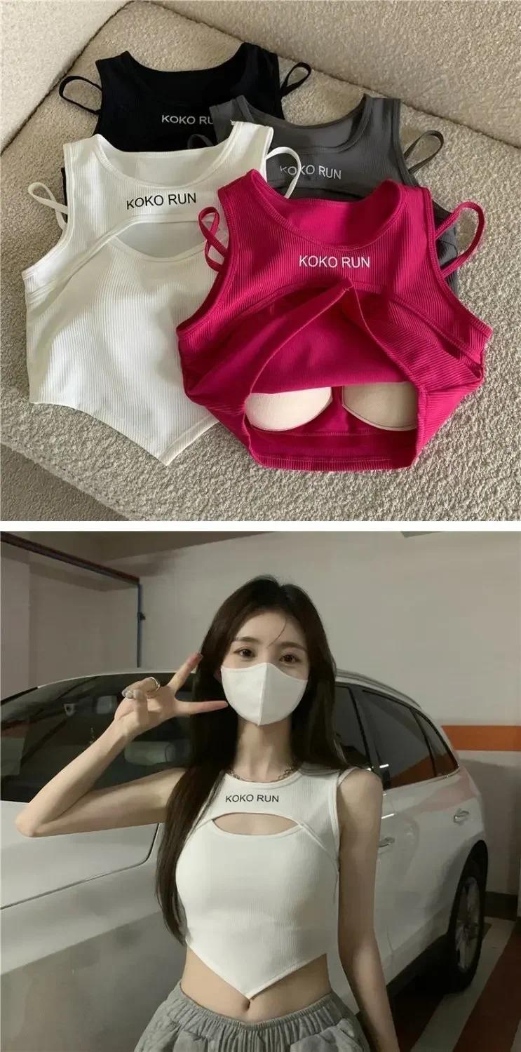 Product Introduction of 1pc Casual Crop Tops for Women Knitting Irregular Tops Hollow Out Camisole Women Fake Two Pieces Tank Tops with Bra Pad Womenswear Tube Lingerie Lady 4