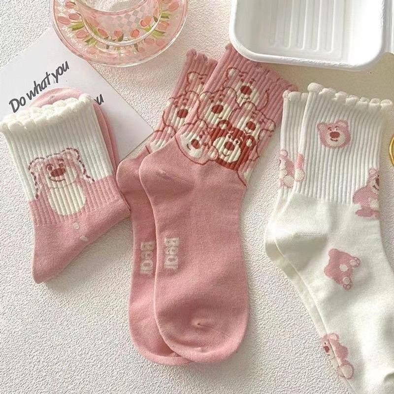 Product Introduction of sét 10 đôi Vớ cổ cao hình gấu dâu LOSTO dễ thương  - Tất cao cổ hoạ tiết gấu hồng co giãn Nữ Voi Voan Women 13
