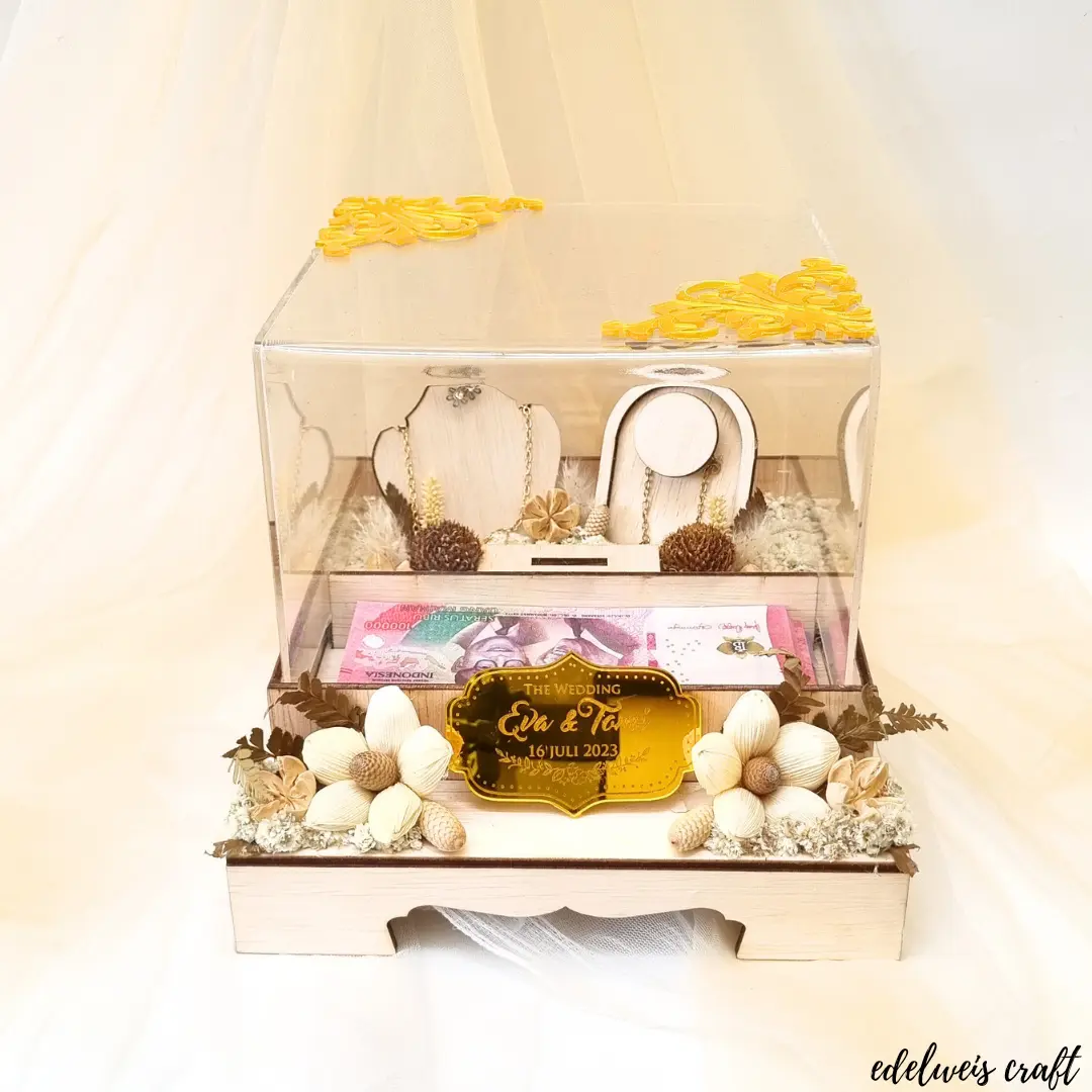 (Tersedia) Kotak Hantaran Pernikahan Uang dan Perhiasan Full Set XL Kayu Akrilik Rustic Free Custom Nama Bunga