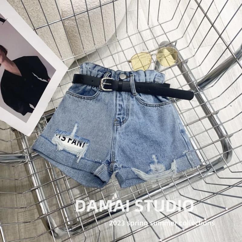 Trang Phục Mùa Hè Cho Bé Gái, Áo Phông Thời Trang Có Thêu Chữ, Quần Short Denim Rách Họa Tiết Sọc, Bộ Đồ Hai Mảnh Sành Điệu, Hợp Xu hướng 6