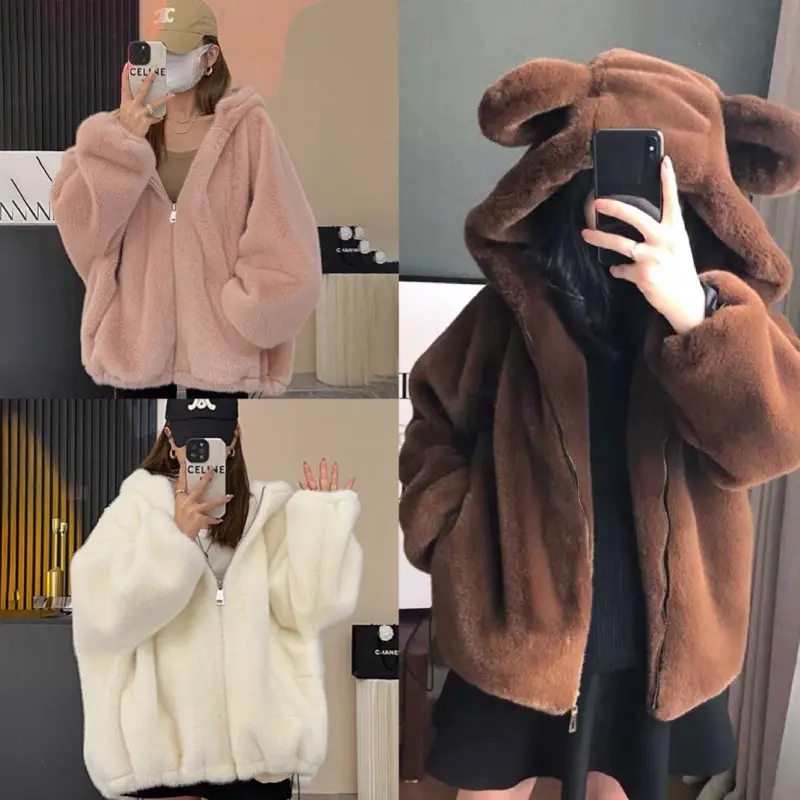 Áo khoác lông cừu tai gấu form rộng, áo lông nữ mượt mà 2 mặt màu đen trắng nâu hồng thời trang hàn quôc, CONAN SHOP Jacket Jean